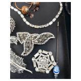 Assorted Costume Jewelry Lot - Floral Pins, Rhinestones, Bracelets, Necklaces & Earrings