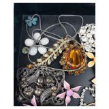 Assorted Costume Jewelry Lot - Floral Pins, Rhinestones, Bracelets, Necklaces & Earrings