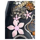 Assorted Costume Jewelry Lot - Floral Pins, Rhinestones, Bracelets, Necklaces & Earrings
