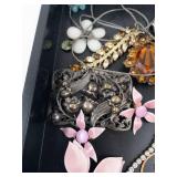 Assorted Costume Jewelry Lot - Floral Pins, Rhinestones, Bracelets, Necklaces & Earrings