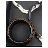 Pearl Bead Bracelets & Bangle Set - Leather Straps, Silver End Caps