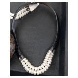 Pearl Bead Bracelets & Bangle Set - Leather Straps, Silver End Caps