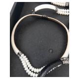 Pearl Bead Bracelets & Bangle Set - Leather Straps, Silver End Caps