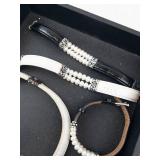 Pearl Bead Bracelets & Bangle Set - Leather Straps, Silver End Caps