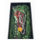 Beaded Necklace Lot - Green, Red, Clear Crystals & Orange Pendant