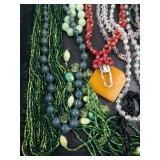 Beaded Necklace Lot - Green, Red, Clear Crystals & Orange Pendant