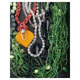 Beaded Necklace Lot - Green, Red, Clear Crystals & Orange Pendant