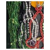 Beaded Necklace Lot - Green, Red, Clear Crystals & Orange Pendant