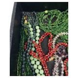 Beaded Necklace Lot - Green, Red, Clear Crystals & Orange Pendant