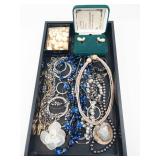 Jewelry Lot - Blue Bead Necklaces, Pearl Drop Earrings, Silver Hoop Bracelets, Geode Pendant