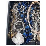 Jewelry Lot - Blue Bead Necklaces, Pearl Drop Earrings, Silver Hoop Bracelets, Geode Pendant