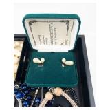 Jewelry Lot - Blue Bead Necklaces, Pearl Drop Earrings, Silver Hoop Bracelets, Geode Pendant