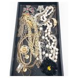 Costume Jewelry Lot - Gold & Silver Chains, Faux Pearls, Cross Pendant, Black Flower Brooch