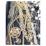 Costume Jewelry Lot - Gold & Silver Chains, Faux Pearls, Cross Pendant, Black Flower Brooch