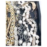 Costume Jewelry Lot - Gold & Silver Chains, Faux Pearls, Cross Pendant, Black Flower Brooch