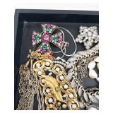 Costume Jewelry Lot - Gold & Silver Chains, Faux Pearls, Cross Pendant, Black Flower Brooch