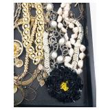 Costume Jewelry Lot - Gold & Silver Chains, Faux Pearls, Cross Pendant, Black Flower Brooch