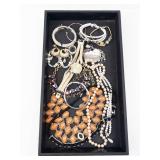 Jewelry Lot - Orange Bead Necklace, Pearl Strands, Watch, Bracelets & Earrings