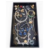 Assorted Jewelry Lot - Necklaces, Bracelets, Rings, Earrings, Brooches in Tray