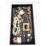 Costume Jewelry Lot - Pearl Necklace, Black Cabochon Pendant in Ornate Gold Frame, Gold Chains & Earrings