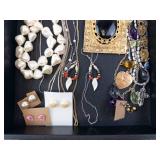 Costume Jewelry Lot - Pearl Necklace, Black Cabochon Pendant in Ornate Gold Frame, Gold Chains & Earrings