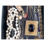 Costume Jewelry Lot - Pearl Necklace, Black Cabochon Pendant in Ornate Gold Frame, Gold Chains & Earrings