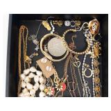 Costume Jewelry Lot - Pearl Necklace, Black Cabochon Pendant in Ornate Gold Frame, Gold Chains & Earrings