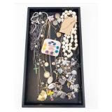 Assorted Jewelry Tray Lot - Cross Necklaces, Pearl Strand & Charms
