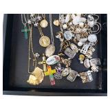 Assorted Jewelry Tray Lot - Cross Necklaces, Pearl Strand & Charms