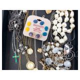 Assorted Jewelry Tray Lot - Cross Necklaces, Pearl Strand & Charms