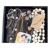 Assorted Jewelry Tray Lot - Cross Necklaces, Pearl Strand & Charms