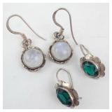 Moonstone & Emerald Green Sterling Silver Drop Earrings - Set of 4