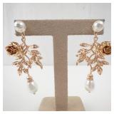 Pair of Gold-Tone Leaf & Pearl Drop Earrings - Floral Cluster Dangle