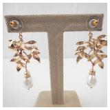 Pair of Gold-Tone Leaf & Pearl Drop Earrings - Floral Cluster Dangle
