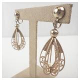 Filigree Teardrop Earrings - Silver Tone, Ball Stud Top, Openwork Dangles