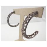 Sterling Silver Marcasite Filigree Hoop Earrings - Pair