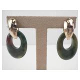 Green Jade Disc Hoop Earrings - Pair, Gold-Tone Caps, Clip-On Backs
