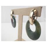 Green Jade Disc Hoop Earrings - Pair, Gold-Tone Caps, Clip-On Backs