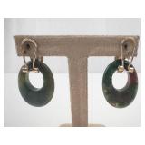 Green Jade Disc Hoop Earrings - Pair, Gold-Tone Caps, Clip-On Backs