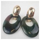 Green Jade Disc Hoop Earrings - Pair, Gold-Tone Caps, Clip-On Backs