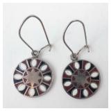 Sterling Silver Enamel Drop Earrings - Circular Sunburst Motif