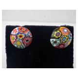 Millefiori Glass Round Stud Earrings - Colorful Floral Mosaic