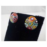 Millefiori Glass Round Stud Earrings - Colorful Floral Mosaic