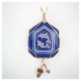Dolphin Pendant on Blue Octagonal Stone - Gold Wire-Wrap with Bucket & Shovel Charms