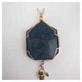 Dolphin Pendant on Blue Octagonal Stone - Gold Wire-Wrap with Bucket & Shovel Charms