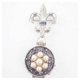 Fleur-de-Lis Silver Locket Pendant - Pearl Cluster