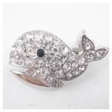 Whale -Shaped Rhinestone Brooch - Silver-Tone with Clear Crystals, Pin Back