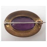 Gold-Filled Amethyst Oval Brooch with Scrollwork