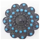 Floral Brooch - 925 Sterling Silver with Turquoise Cabochons