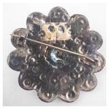 Floral Brooch - 925 Sterling Silver with Turquoise Cabochons